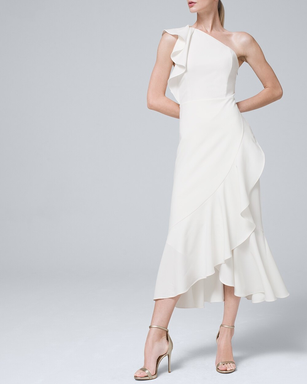 One-Shoulder Ruffled Midi Dress - White ...